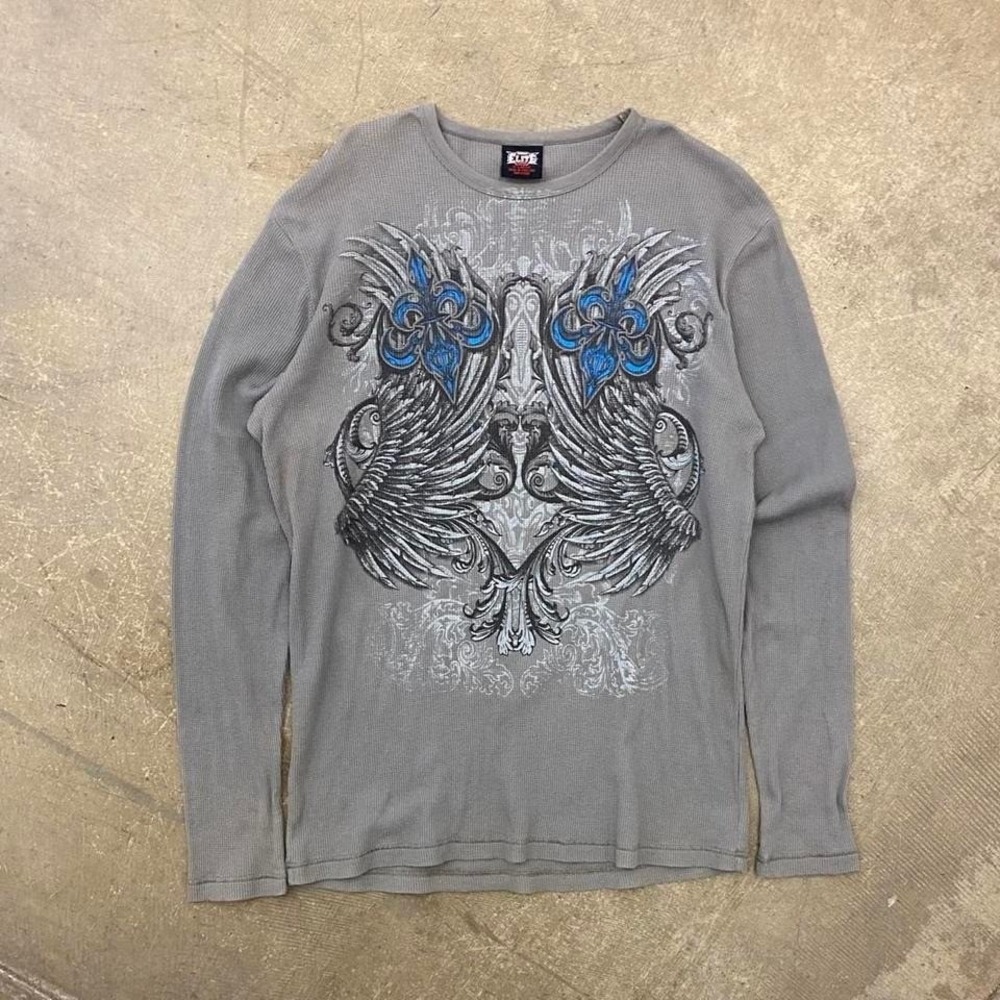 Vintage Y2K MMA Elite Grunge Skate Waffle Knit Thermal Longsleeve Size XL